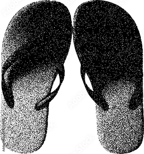 A pair of black flip-flops with a stippled texture on a white background
