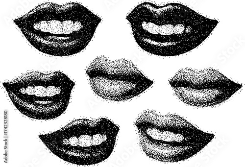 A Collection of Black and White Stippled Lips in Various Poses