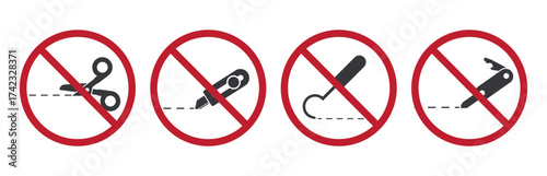 Isolated bundle prohibition sign showing cutter banned, warning against opening or cutting packages with sharp tools for safety purpose.