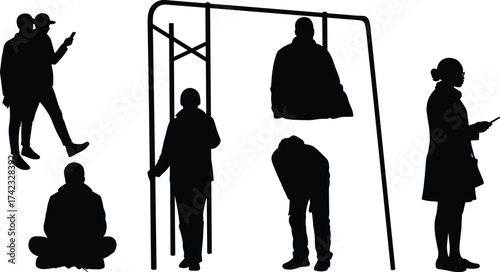 Human silhouette illustration, people activity poses, mobile phone user, playground swing figure, sitting posture sketch, standing silhouette drawing