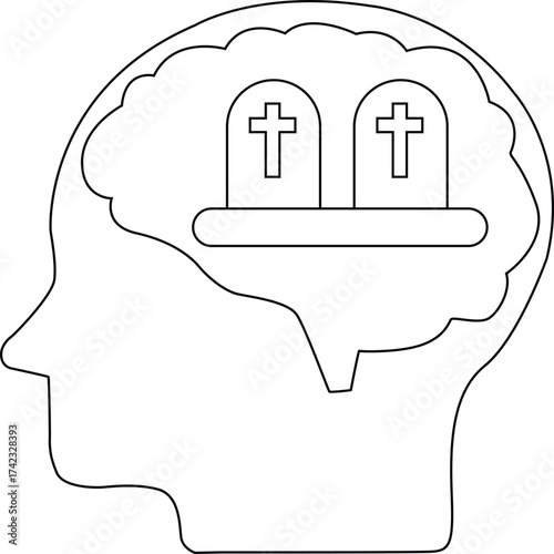 line icon of human brain head and tombstone icon