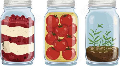 Illustration of glass jars with food and plants, preserved tomatoes, dessert, soil growth, homemade storage, organic, eco-friendly lifestyle