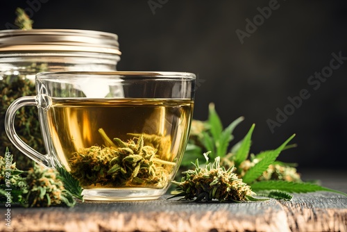 Herbal Tea with Cannabis Flower Buds in Glass Cup Dark Background