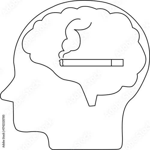 line icon of human brain head and cigarette smoke icon