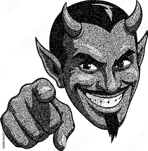 Devilish Illustration: A Spooky Demon Points Directly at the Viewer with a Sinister Grin