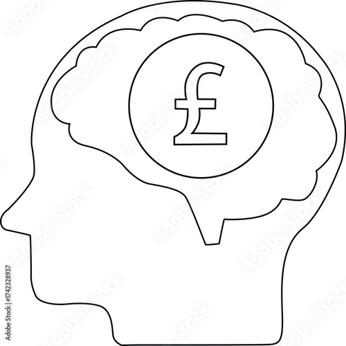 line icon of human brain head and pound sterling coin icon