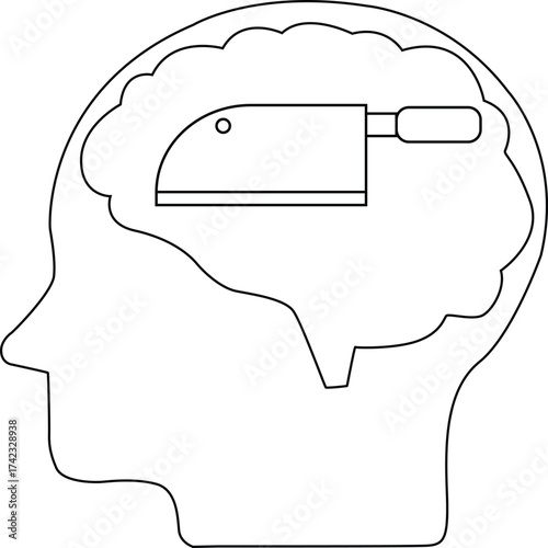 line icon of human brain head and butcher knife icon
