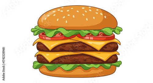 Cartoon Double Cheeseburger with Lettuce and Tomato on a White Background.
