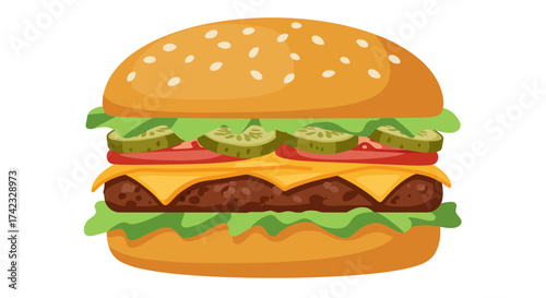 Delicious Cartoon Burger with Cheese Tomato and Pickles.
