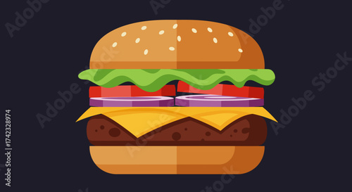Delicious Cartoon Burger with Fresh Ingredients and Sesame Seed Bun.