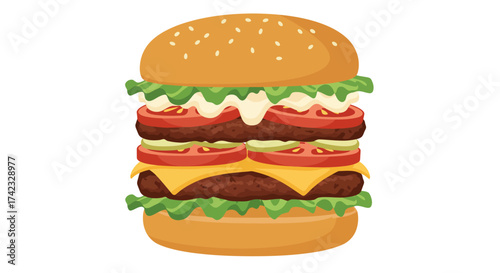 Cartoon Double Patty Burger with Lettuce Tomato Cheese and Sauce.