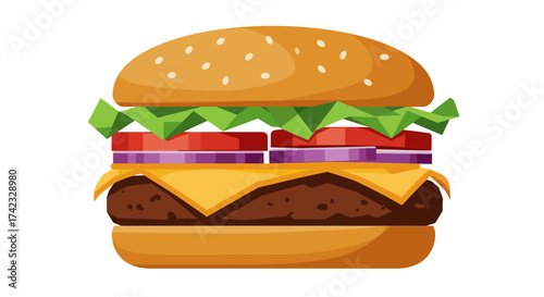Delicious Cartoon Burger with Fresh Ingredients and Sesame Seed Bun.