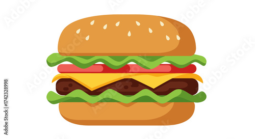 Cartoon Burger with Lettuce Tomato Cheese and Sesame Seed Bun.