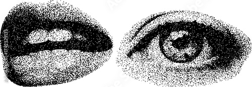 Stippled Black and White Close-up of Lips and Eye, Abstract Human Features