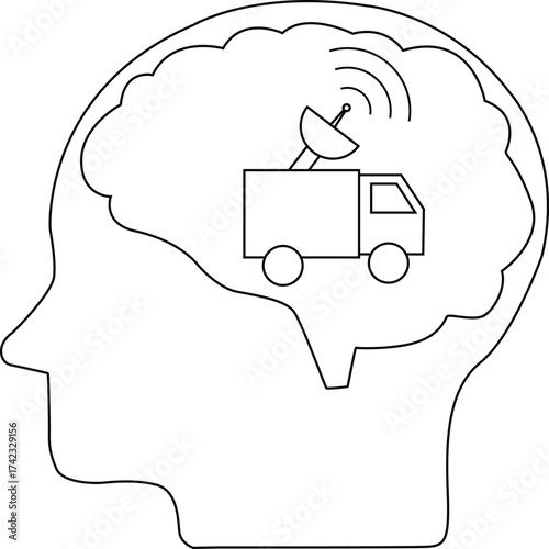 line icon of human brain head and signal transmitter car icon