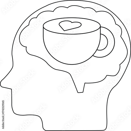 line icon of human brain head and icon of cup of coffee late