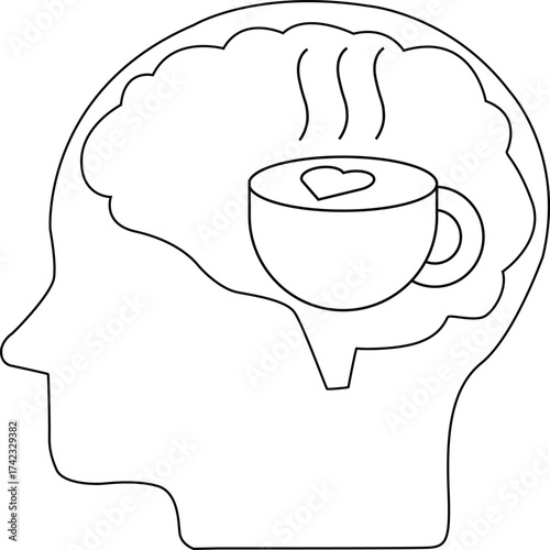 line icon of human brain head and icon of hot cup of coffee