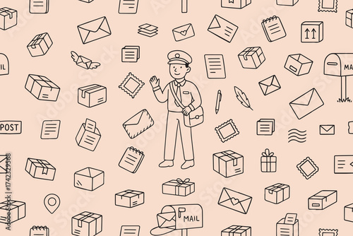 A seamless pattern with a postal theme. Postman, postal equipment, parcels, mailboxes, postage stamps, envelopes, delivery service. Vector illustration in doodle style.