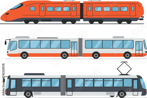 Modern public transportation vehicles illustration, high speed train, electric bus, city tram design, urban transit system, eco friendly travel concept