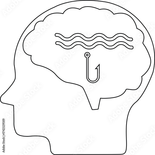 line icon of human brain head and fishing hook icon in the sea