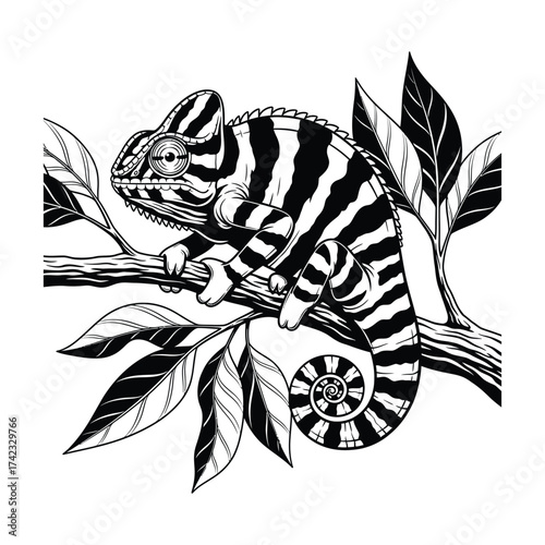 Black and white illustration of a chameleon on a leafy branch isolated on white background