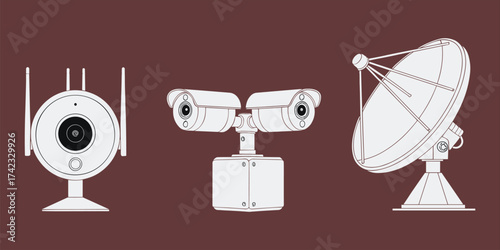 Modern security cameras and satellite dish illustration, digital surveillance technology, wireless monitoring system, communication and safety network equipment vector design