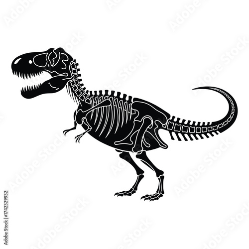 Minimalist tyrannosaurus rex skeleton illustration isolated on white background