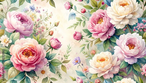 A watercolor seamless botanical pattern featuring roses, peonies, and delicate wildflowers. Soft gradients and painterly brush textures add elegance and romance.