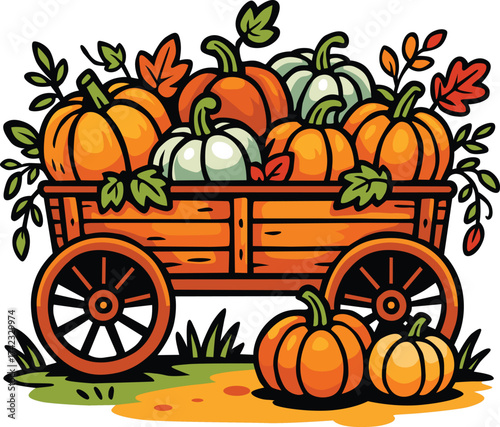 Autumn pumpkins in wooden cart surrounded by colorful fall leaves and plants