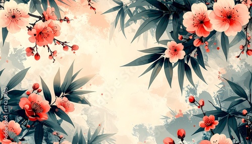 A seamless botanical design inspired by Japanese washi paper, with cherry blossoms, bamboo, and ink-brush textures. Perfect for cultural textiles, wallpapers, and prints.