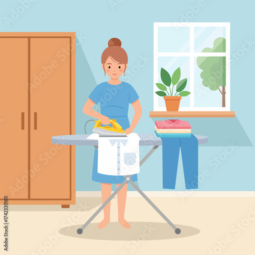 A young woman irons clothes on an ironing board, illustrating household chores and laundry care at home.