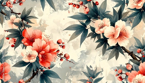 A seamless botanical design inspired by Japanese washi paper, with cherry blossoms, bamboo, and ink-brush textures. Perfect for cultural textiles, wallpapers, and prints.