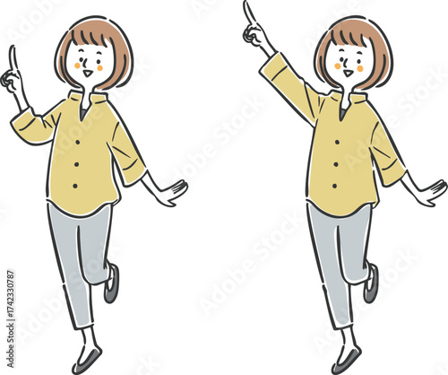 上を指差している女性　全身　ベクター
