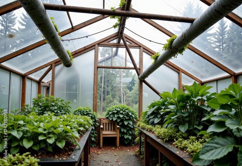 Thriving Lush Green Foliage in Modern Wooden-Framed Greenhouse with Natural Lighting and Organic Cultivation Techniques