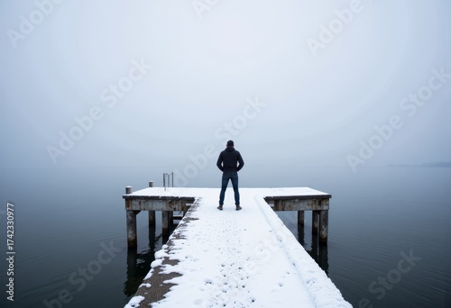 Solitary figure standing on a snow-covered pier overlooking a vast, tranquil lake shrouded in mist, reflecting an overcast sky with serene wintry atmosphere