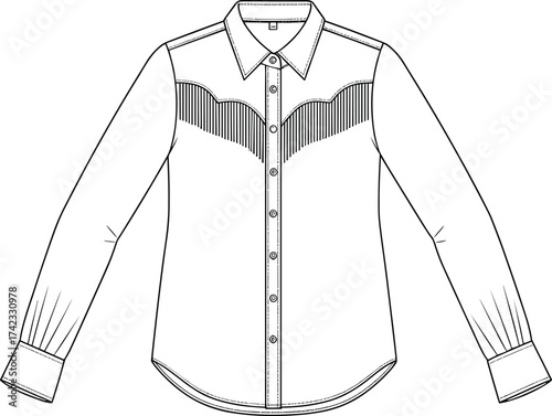 Long sleeve shirt, button up fashion sketch, pointed collar design, striped yoke shirt, tailored garment drawing, clothing flat illustration, formal wear