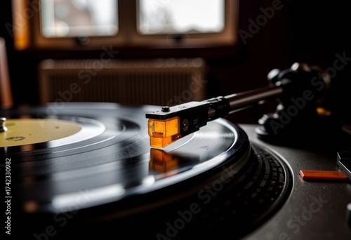 Close-Up of a Vintage Turntable Playing a Vinyl Record with a Focus on the Stylus in a Cozy Home Interior Illuminated by Soft Natural Light