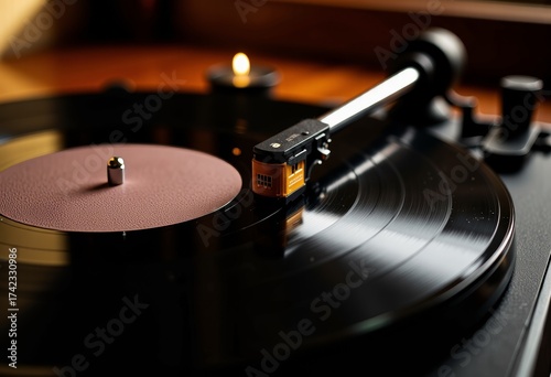 Close-up of a vinyl record playing on a vintage turntable with a stylus arm, capturing the essence of analog music and the warmth of classic sound.
