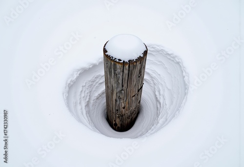 Wooden Post Emerging from Fresh Thick Blanket of Snow Surrounded by Deep Circular Indentation Illustrating Natural Interaction of Weather and Texture