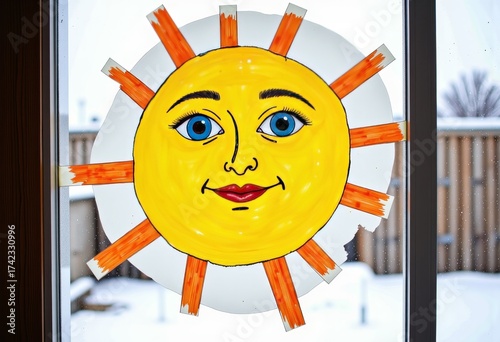 Colorful Hand-Painted Sun Artwork on Window with Snowy Outdoor Background and Bright Smiling Sun Face