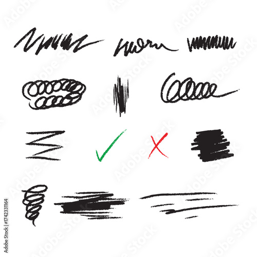 Expression icons. Comic emotion elements, hand drawn expressive symbols. Star, heart and sparks, speech bubbles, exclamation doodles for communication accent. Vector set.