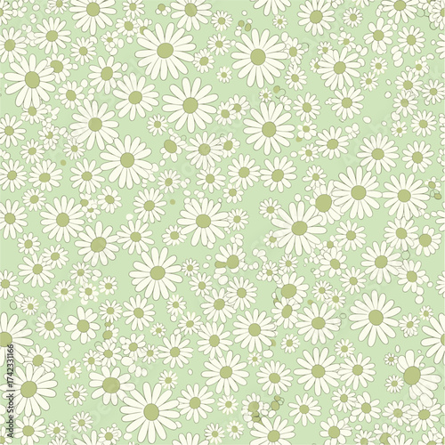 A delicate pattern of small white daisies scattered across a pale green background.