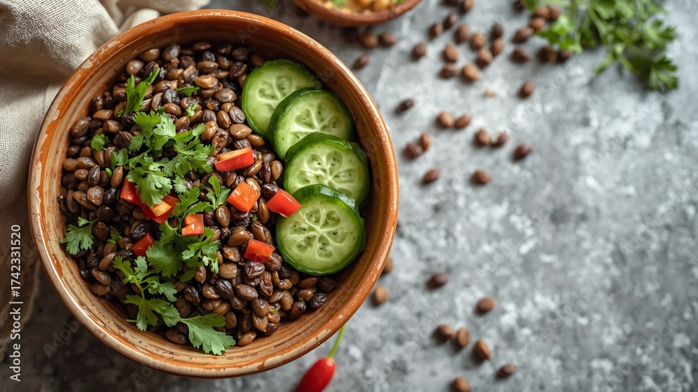 Fototapeta premium Brown Lentil Salad Bowl with Cucumber and Cilantro.