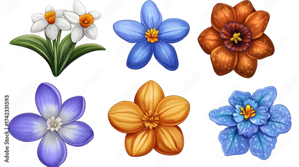 Obraz premium Digital illustration of diverse flower set with vibrant colors and botanical variety