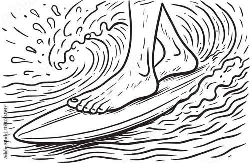 Bare feet on surfboard splashing wave