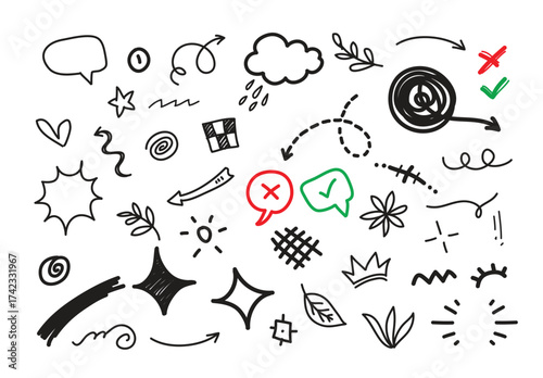 Expression icons. Comic emotion elements, hand drawn expressive symbols. Star, heart and sparks, speech bubbles, exclamation doodles for communication accent. Vector set.