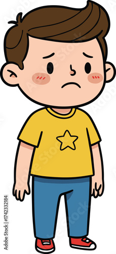 Sad cartoon boy character, emotional kid illustration, unhappy child expression, cute young boy with yellow shirt feeling upset and disappointed