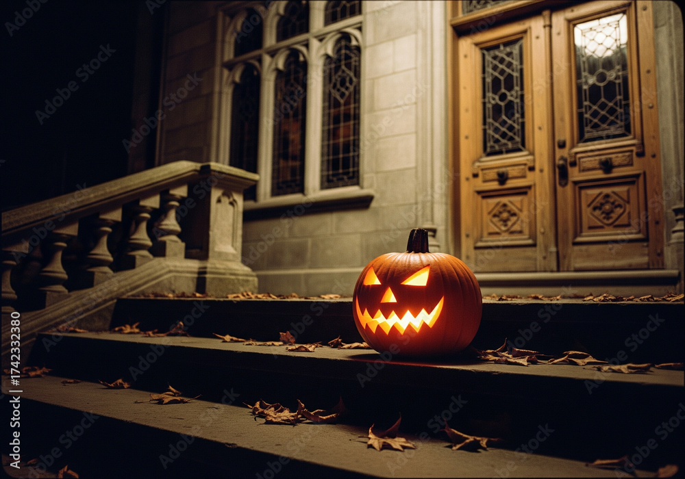 Obraz premium Illuminated pumpkins lining grand stone staircase of old mansion glowing warmly under candlelight