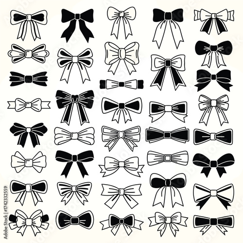 A collection of various decorative bow designs in monochrome.