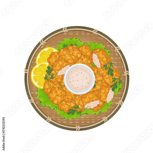 Vector Illustration Logo Clipart Top View Japanese Karaage Chicken with Lemon and Vegetables